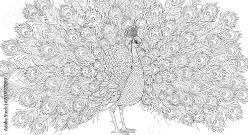 Intricate line art illustration of a peacock displaying its elaborate tail feathers in a detailed design