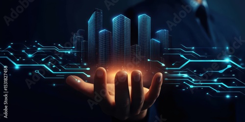 A businessman holding icons of real estate buildings, symbolizing the intersection of business, digital technology, and real estate investment.