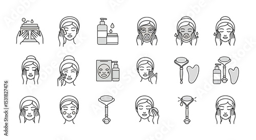 Vector Icons Set of Skincare Routine Illustrated Guide Facial Cleansing Mask Application and Gua Sha Techniques. Vector Illustrations