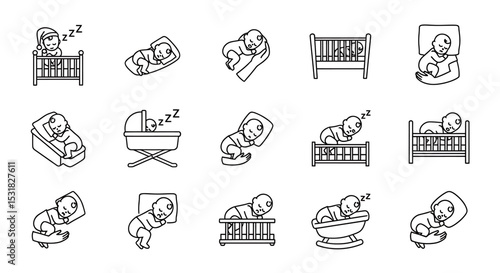 Vector Icons Set of Twelve Line Drawings of Sleeping Babies in Various Positions and Cradles. Vector Illustrations