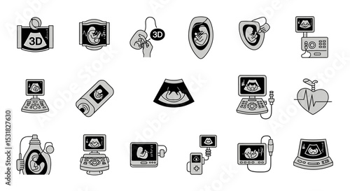 Vector Icons Set of Ultrasound Technology Fetal Development Monitoring Icons. Vector Illustrations