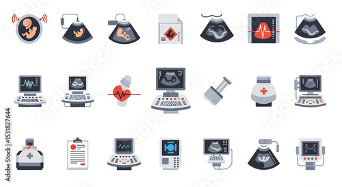 Vector Icons Set of Ultrasound Technology Icons Fetal Development and Medical Imaging Equipment. Vector Illustrations