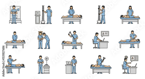Vector Icons Set of Various Physiotherapy and Medical Procedures Illustrated. Vector Illustrations