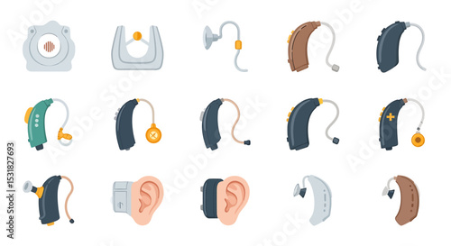 Vector Icons Set of Various Types of Modern Hearing Aids and Earpieces. Vector Illustrations