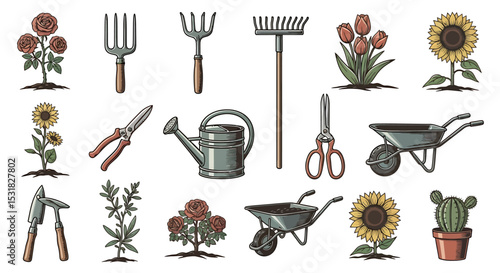 Vector Icons Set of Vintage Garden Tools and Plants in Detailed Illustration Style. Vector Illustrations