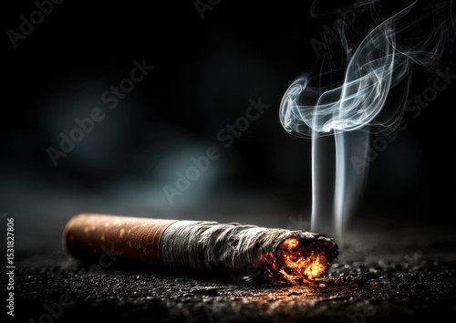 Single burning cigarette with smoke spiraling into darkness, symbolizing addiction and harm for World No Tobacco Day.