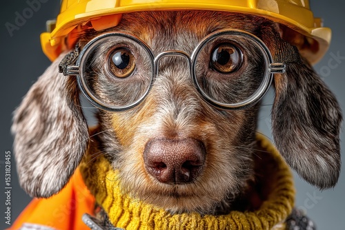 A dachshund dog dressed as a cheerful construction worker with vibrant safety gear, adding humor and charm.