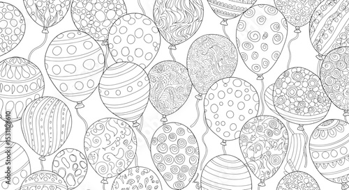 Whimsical celebration featuring a multitude of intricately patterned balloons floating against a white background, perfect for coloring