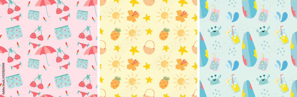 Set of Seamless pattern with summer elements. Creative vector texture with summer elements and items. Vector seamless summer pattern. Set of Seamless pattern with summer elements. Creative vector texture with summer elements and items. Vector seamless summer pattern.