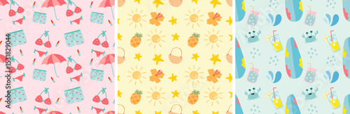 Set of Seamless pattern with summer elements. Creative vector texture with summer elements and items. Vector seamless summer pattern.