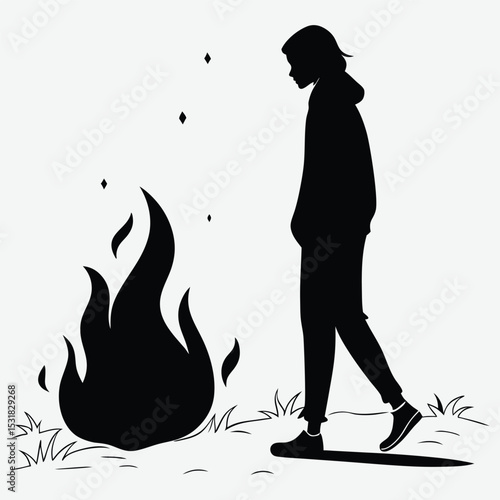 A person standing in front of a bonfire image silhouette design vector art and illustration	