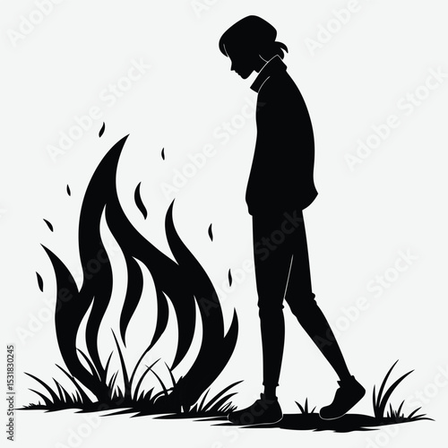 A person standing in front of a bonfire image silhouette design vector art and illustration	