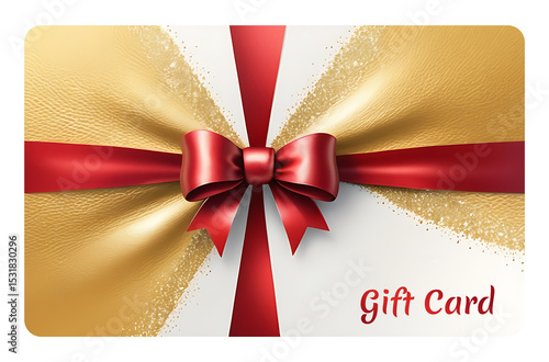 Elegant gold and glitter background gift card with deep red satin bow, ideal for weddings, events, or business rewards