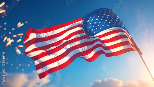 Celebrations of American Independence Day on July 4th with fireworks and flags
