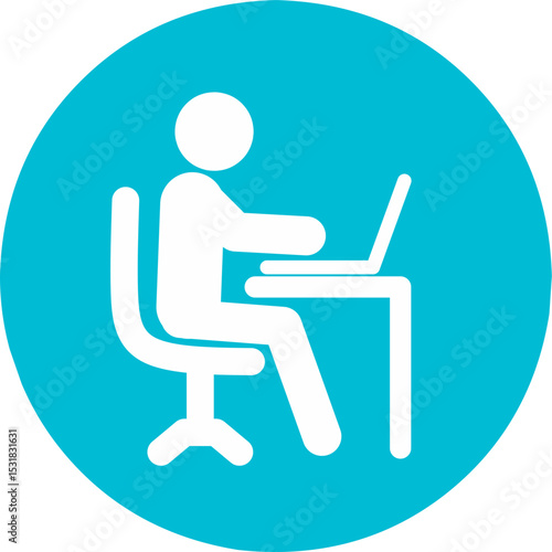 Remote Work blue round icon. Line Symbol Worker Man at the Desk Designer Freelancer laptop . Coworking and Workplace or Workspace. Custom Pictogram Editable Stroke.