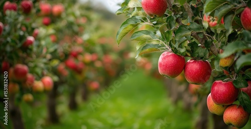 Ripe apples hang heavy on orchard branches