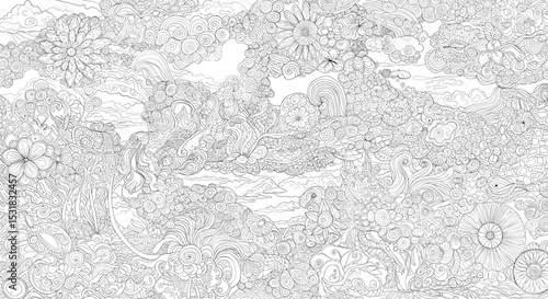 Intricate line art landscape with swirling clouds, flowers, and sunbursts in a detailed, dreamlike composition for coloring