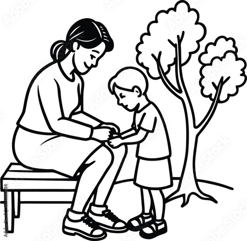 create a mother tying her child s shoelaces while .eps