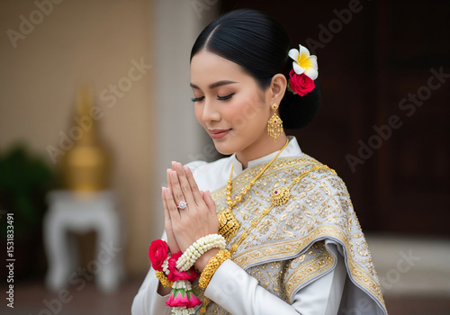Beautiful Thai woman, Asian, wearing Thai dress with gold jewelry, hands together, bowing, greeting in Thai style.