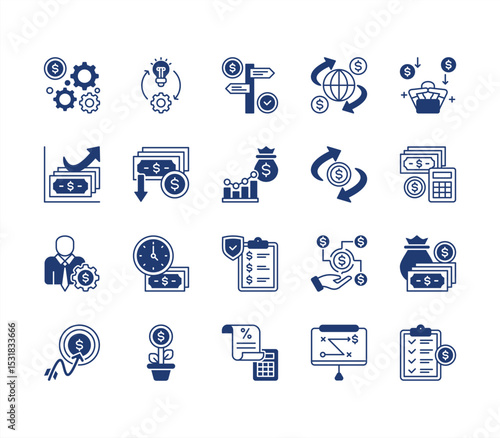 Financial planning icon collection set. Containing retirement, accounting, implementation, structure, insurance, tax receipt, planner icon. Simple flat vector.