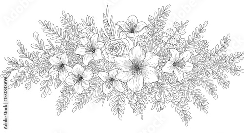 Intricate floral arrangement showcases lilies, a rose, and various blooms with detailed line work, ideal for coloring books and graphic designs.