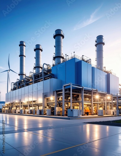 Modern industrial power plant with multiple chimneys and renewable energy source