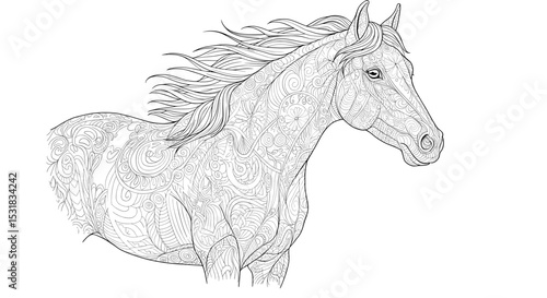 Intricate line art illustration of a horse with ornamental patterns and flowing mane, galloping forward with energy and grace