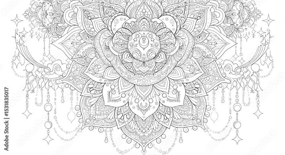Intricate mandala design with celestial elements and decorative ornaments for coloring pages and creative projects Intricate mandala design with celestial elements and decorative ornaments for coloring pages and creative projects