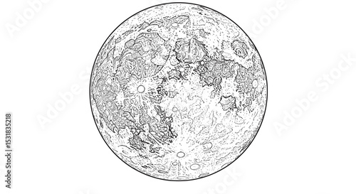 Detailed moon illustration showcasing lunar craters, maria, and surface textures in intricate line art style