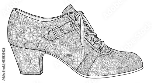 Detailed line art illustration of an elegant women's shoe with intricate floral and paisley patterns for coloring book pages