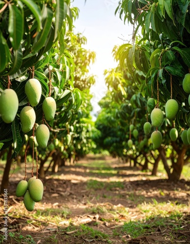 Lush Mango Orchard with Rows of Green Mangoes Ripening in Bright Sunlight