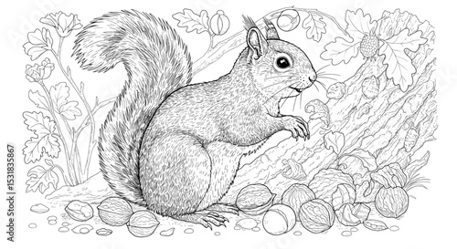 Squirrel enjoying a feast of nuts in an autumn forest setting, a detailed line art illustration for coloring enthusiasts