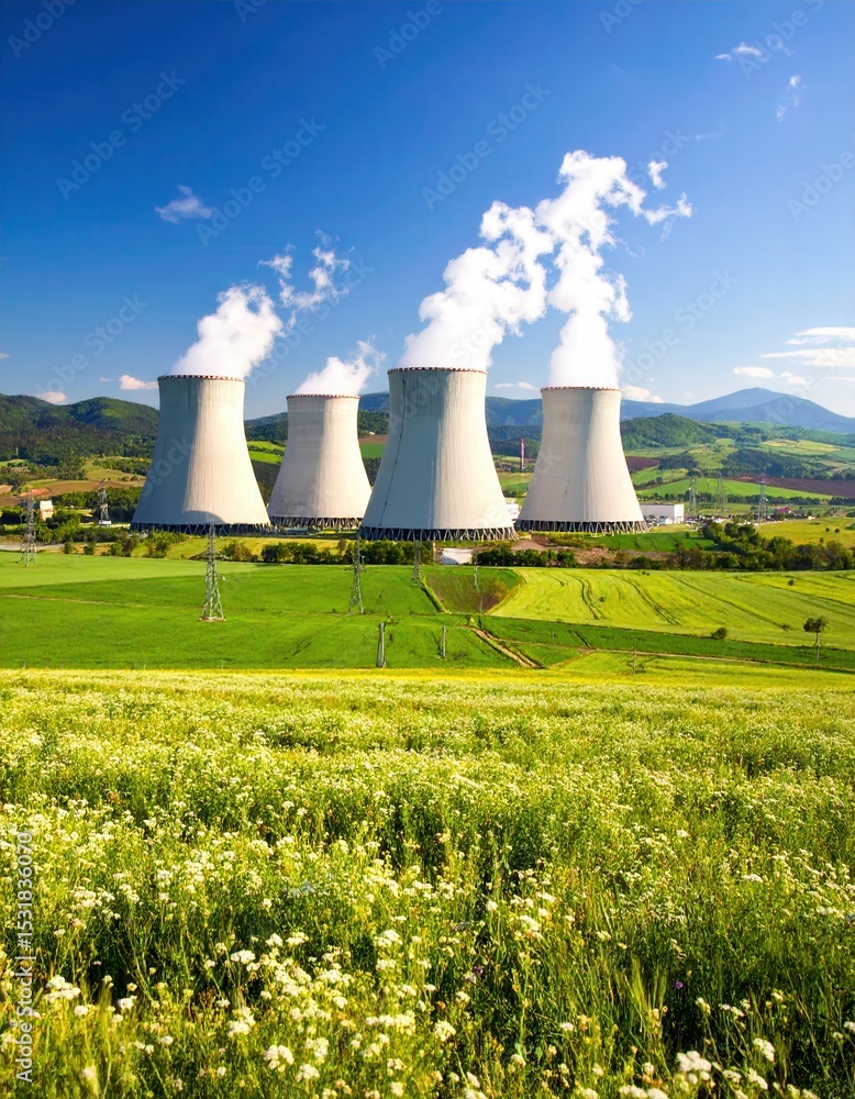 Scenic landscape featu power plant with cooling towers emitting smoke under blue sky Scenic landscape featu power plant with cooling towers emitting smoke under blue sky