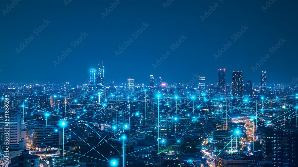 Fototapeta premium Modern city with wireless network connection and city scape concept.Wireless network and Connection technology concept with city background at night.