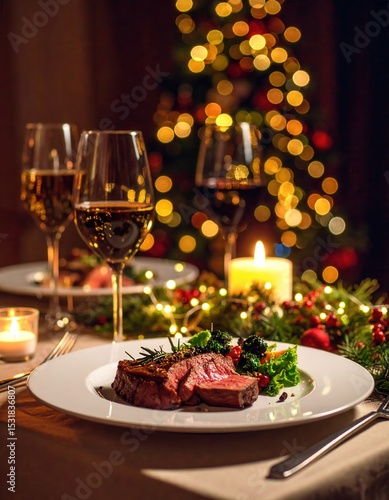 Elegant dinner setting with a festive Christmas table with wine and dessert