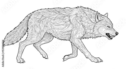 Detailed line art illustration of a wolf in motion with intricate patterns and textures, showcasing wildlife art