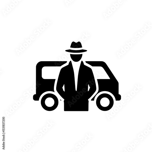 Male figure beside spy van icon representing secret surveillance, agent operation, or private investigator