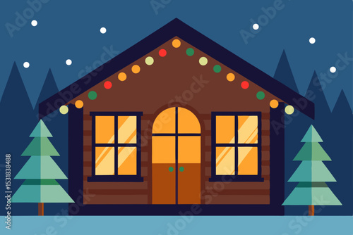 cabin interior with holiday lights and frosty glas.svg
