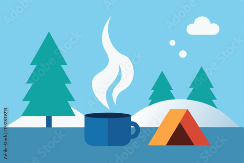 hot drink steaming beside a firepit in winter camp.svg