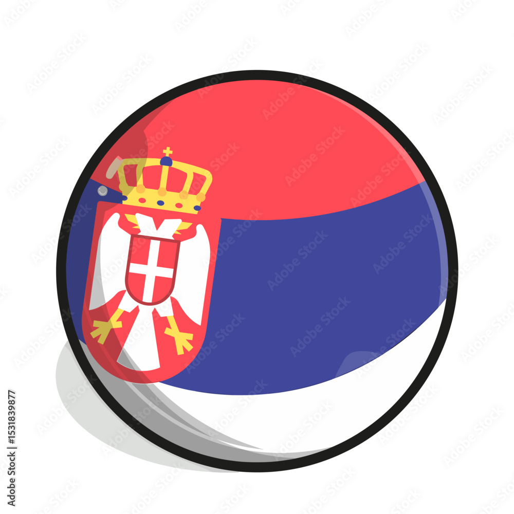 Naklejka premium Icon A round button featuring the Serbian flag with a red, blue, and white tricolor and the coat of arms with a golden crown.