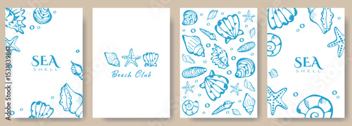 Modern Cute Sea Banner, Poster or Background with Doodle Hand Drawn Marine Sea Shell. Trendy Elegant Seashell Wedding Birthday Invitation Greeting Card Template. Vector Design Concept Sketch Style.