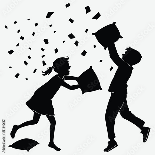 Two children having a pillow fight image silhouette design vector art and illustration	