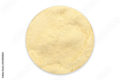 High resolution top view of finely ground organic orange peel powder in a circular shape, isolated on a white background. Ideal for natural skincare, dietary supplements, culinary uses. 