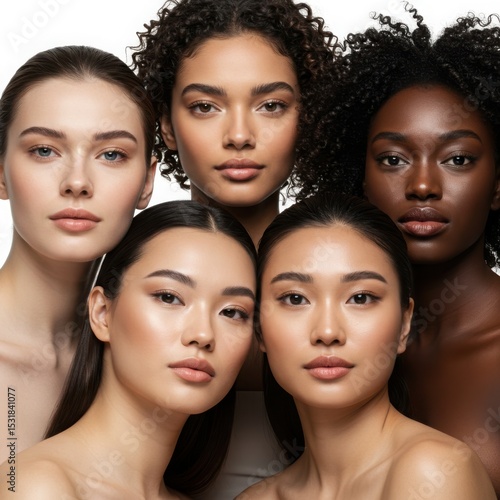 Diverse women's faces isolated on white background for beauty, skincare, and cosmetic product mockups.