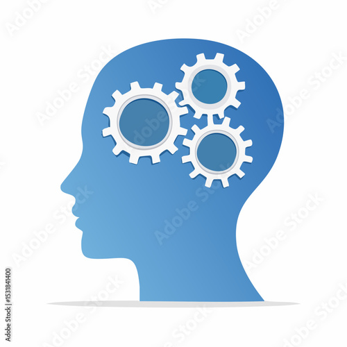 A blue silhouette of a head with gears representing thought and ideas.