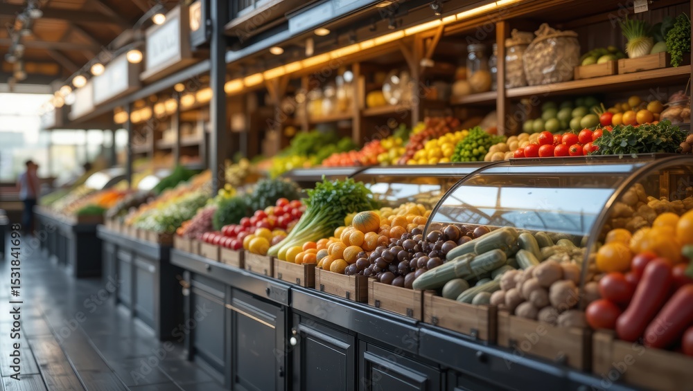 Vibrantly Displayed Fresh Fruits And Vegetables In A Local Market Aisle With Warm Lighting Vibrantly Displayed Fresh Fruits And Vegetables In A Local Market Aisle With Warm Lighting
