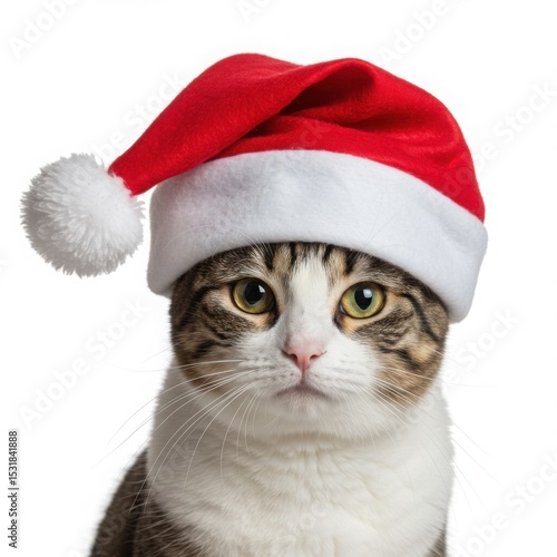 Cat wearing a santa hat isolated on white background. use for christmas cards, festive designs, seasonal promotions.