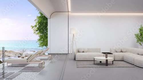Sea view large living room of luxury summer beach house with terrace. Concrete floor and white wall in vacation home or holiday villa. Hotel interior 3d illustration.