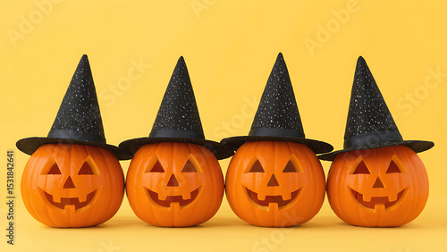 Four Smiling Jack-o'-Lanterns Wearing Black Witch Hats on a Bright Yellow Background - Halloween Decoration