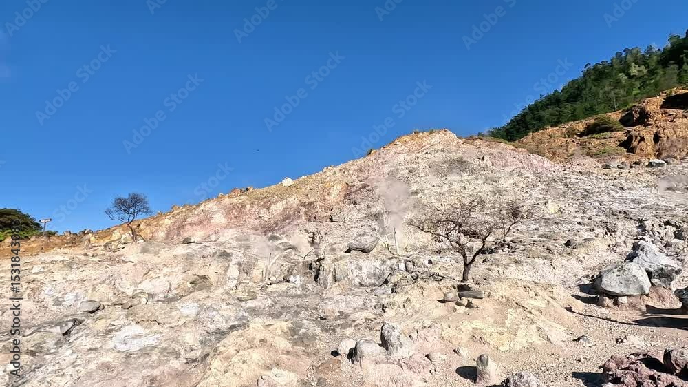 Kawah Sikidang (Sikidang Crater). Popular tourist destination. This place is known for sulfuric steam, bubbling mud, and geothermal activity Kawah Sikidang (Sikidang Crater). Popular tourist destination. This place is known for sulfuric steam, bubbling mud, and geothermal activity